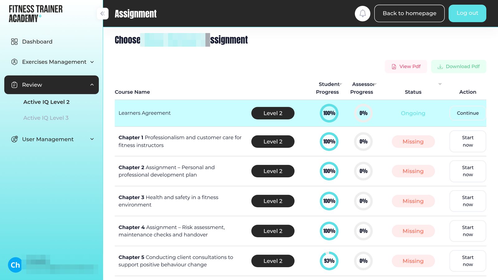 La liste des chapitres d'un apprenant sur le portail, avec la progression de l'apprenant, celle de l'évaluateur et le statut par chapitre