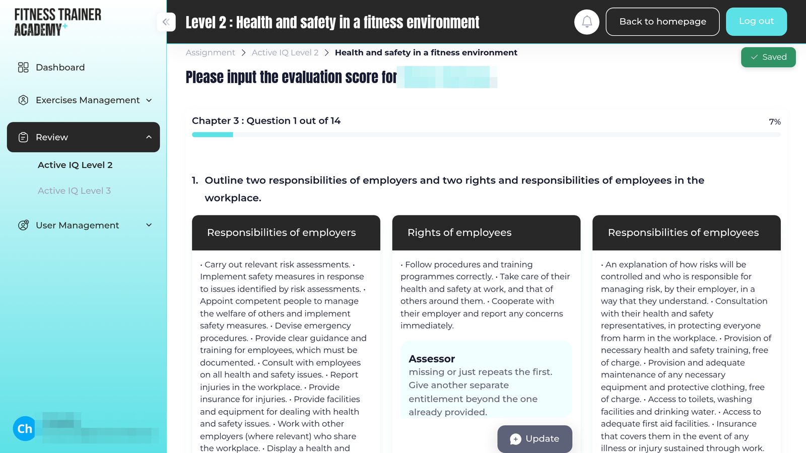 Une question du chapitre 3 avec les trois réponses de l'apprenant et un commentaire d'évaluateur laissé sous l'une d'elles