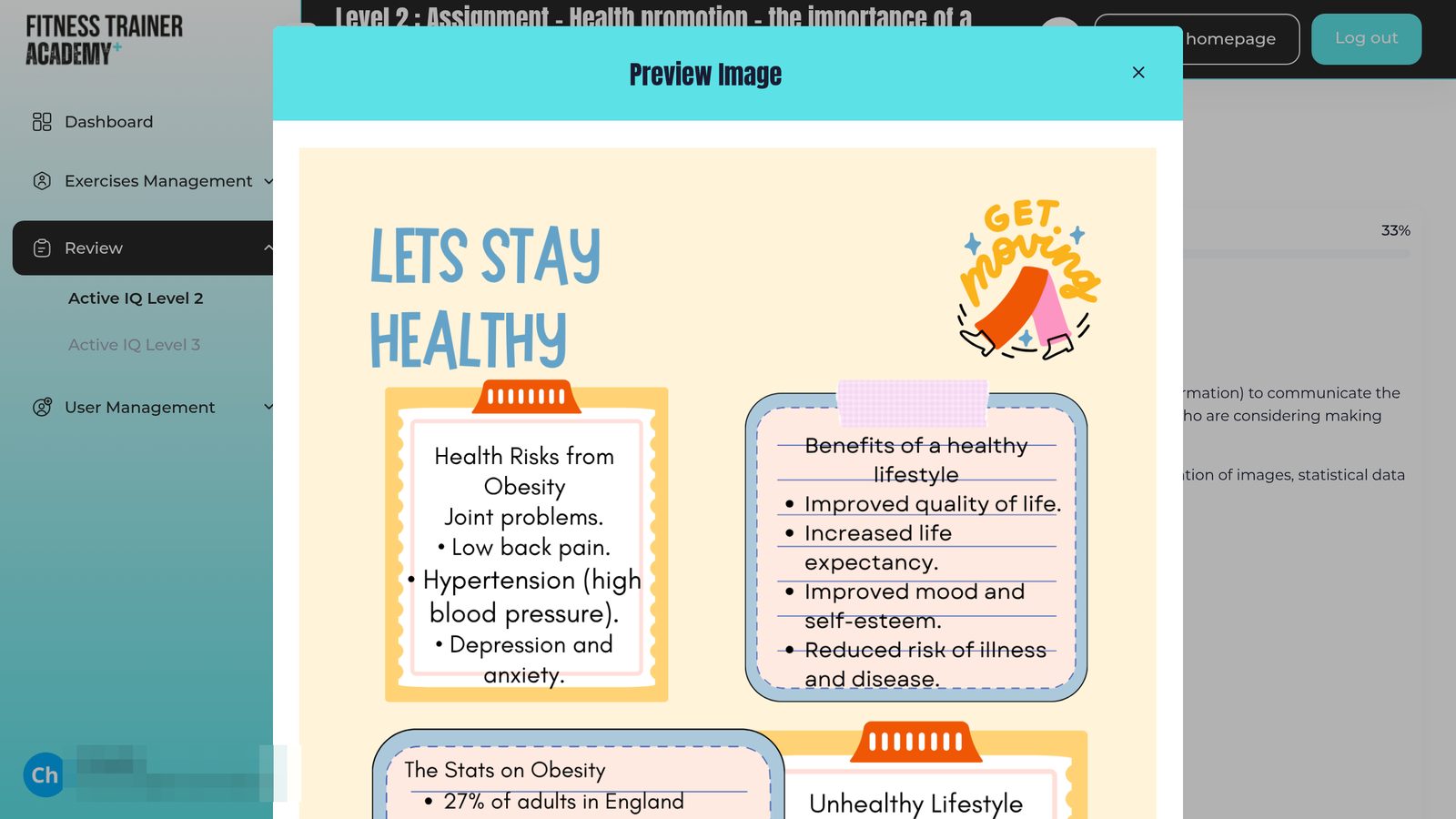 L'aperçu d'image du portail montrant l'affiche de promotion de la santé d'un apprenant, lue depuis la vue évaluateur