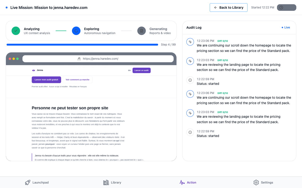 L'Action Room pendant un run : étapes de progression, compteur d'étapes, vue du navigateur à gauche et Audit Log à droite
