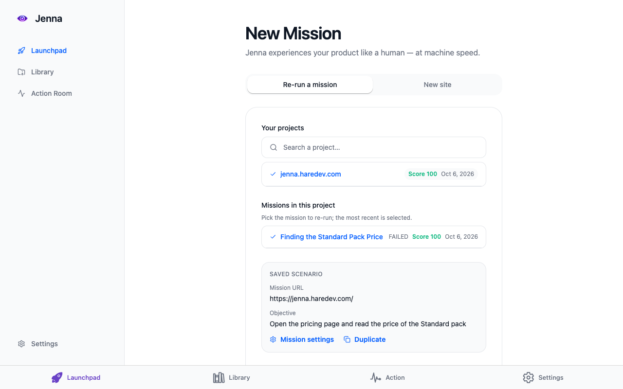 L'onglet Re-run a mission sur le Launchpad : liste des projets, missions du projet, scénario enregistré et bouton Re-run