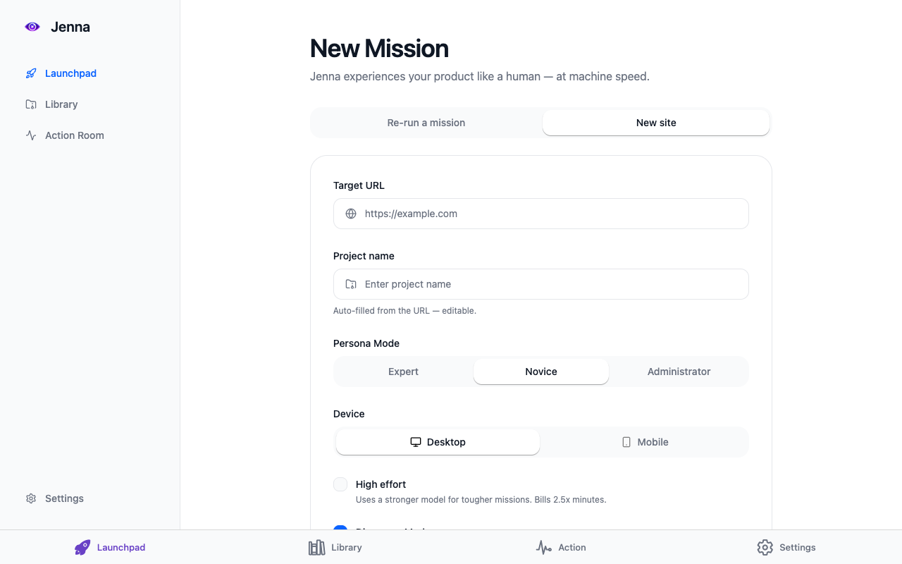 Le formulaire New Mission sur le Launchpad : URL cible, nom du projet, persona, appareil, high effort