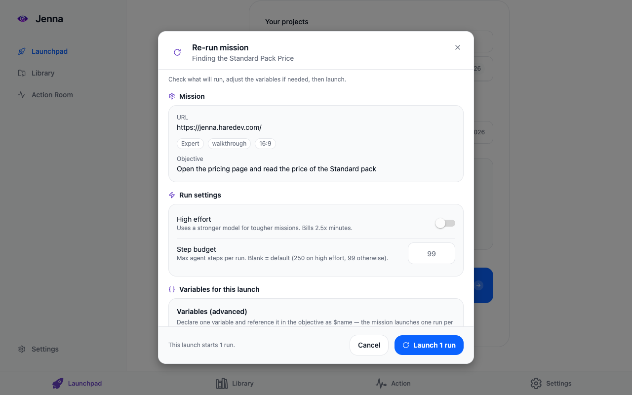 La fenêtre de relance : URL de la mission, étiquettes, objectif, high effort et budget d'étapes, variables pour ce lancement, et le bouton Launch