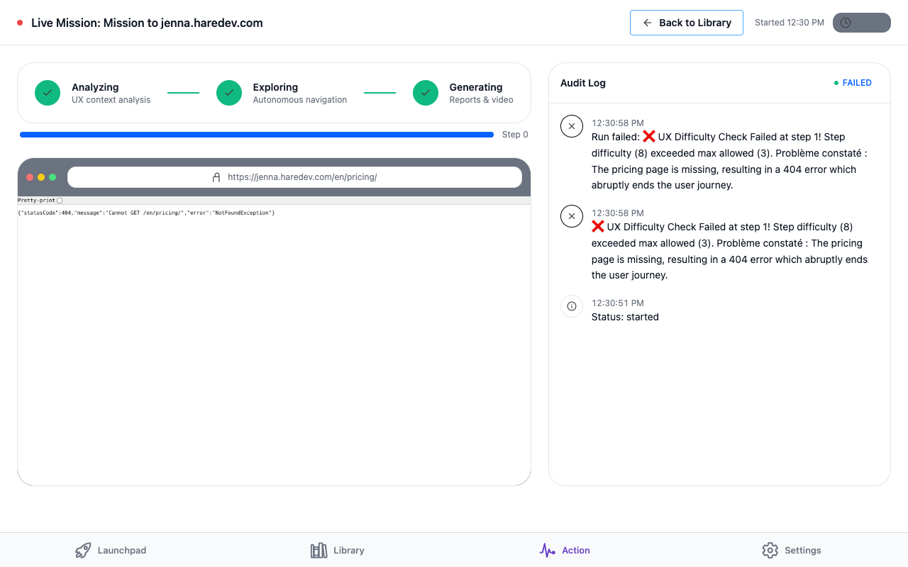 L'Action Room d'un run terminé sans atteindre son objectif : badge FAILED et l'explication dans l'Audit Log