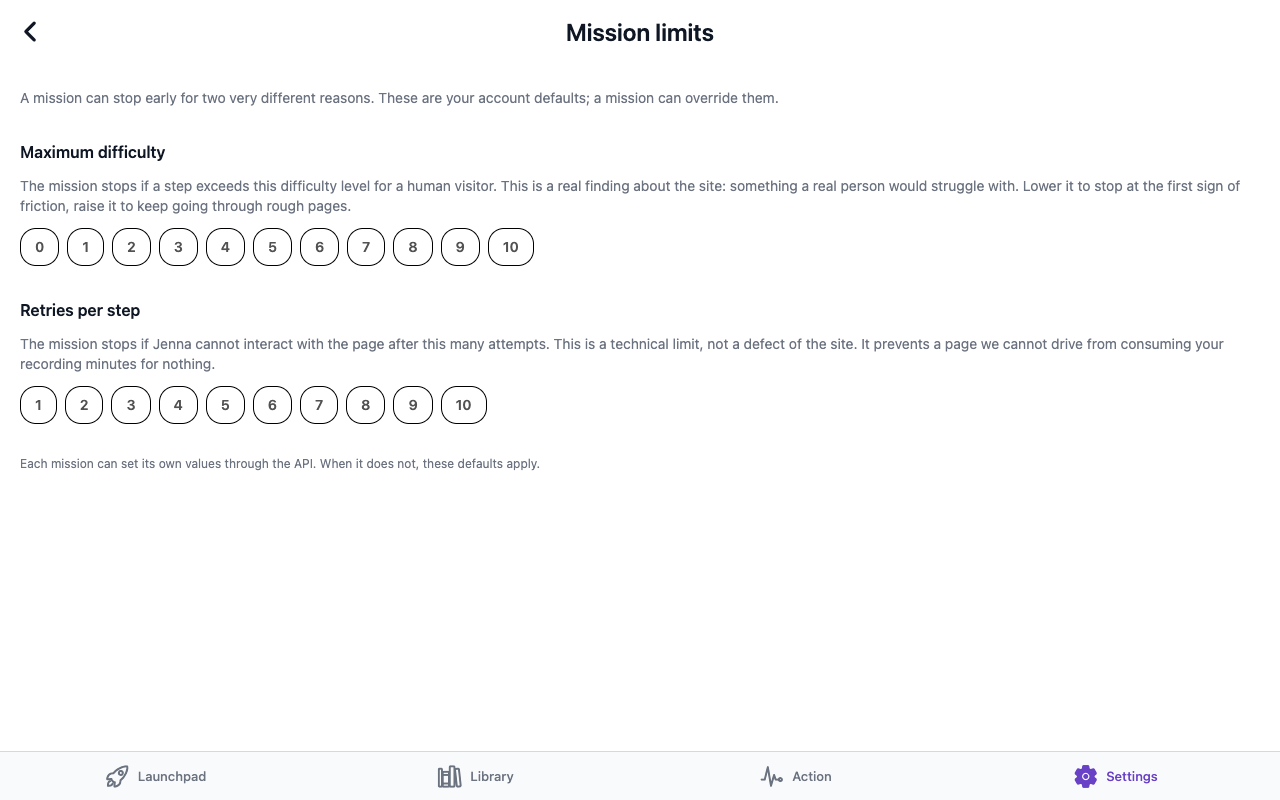 Limites de mission : pastilles Maximum difficulty de 0 à 10 et Retries per step de 1 à 10