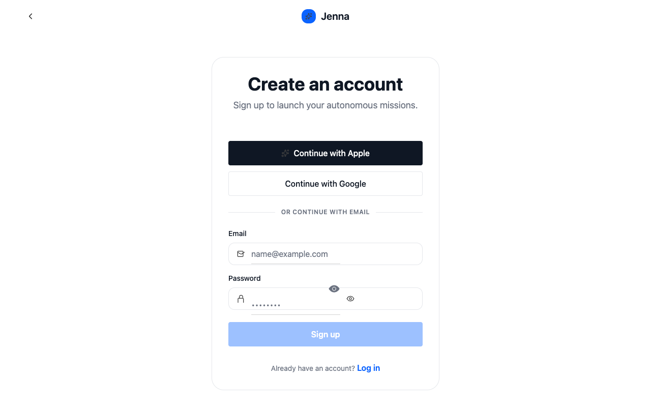 Le formulaire d'inscription avec les boutons Apple et Google, un champ e-mail et un champ mot de passe